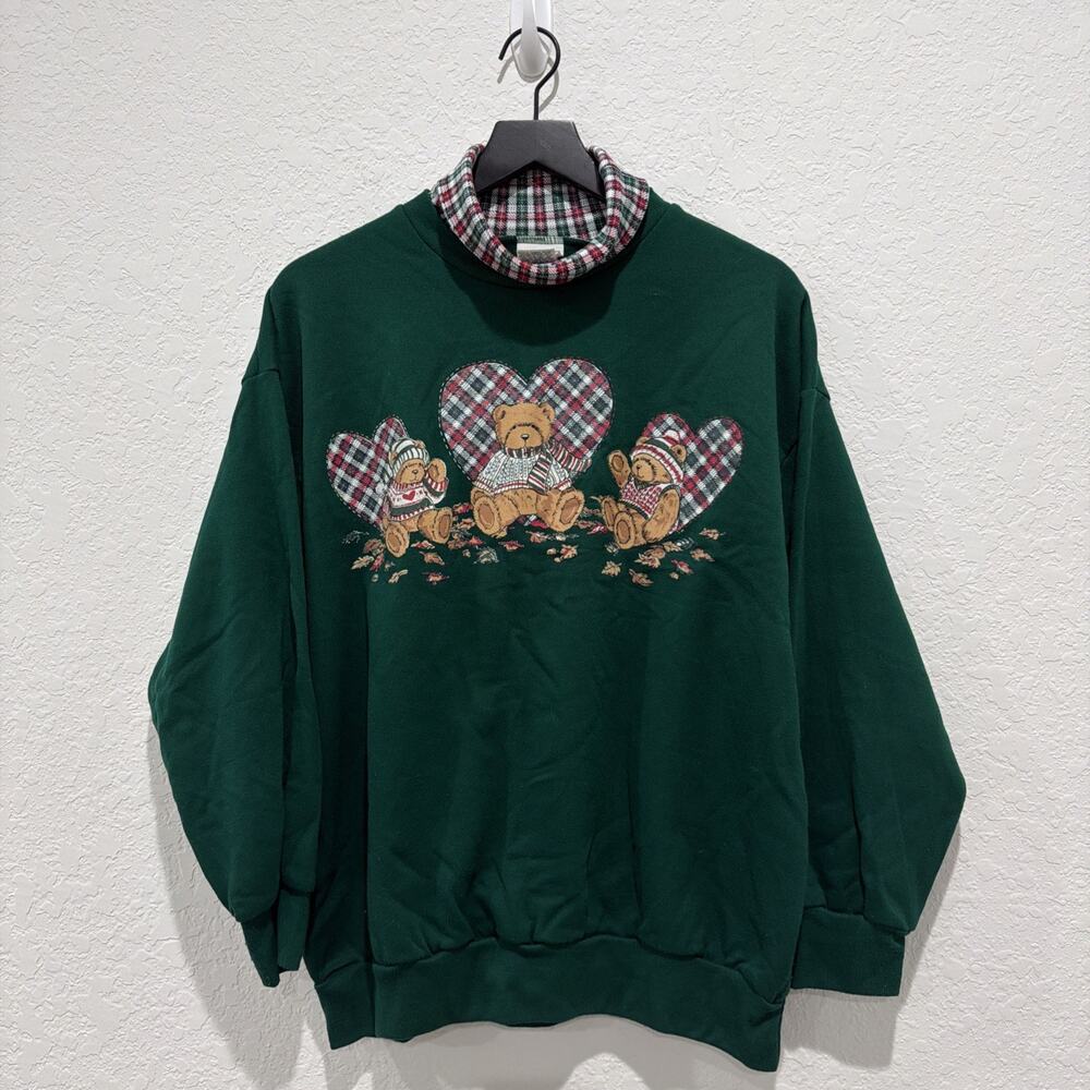 Vintage Grandmacore Christmas Holiday Teddy Bear Turtleneck Sweatshirt Sz Large